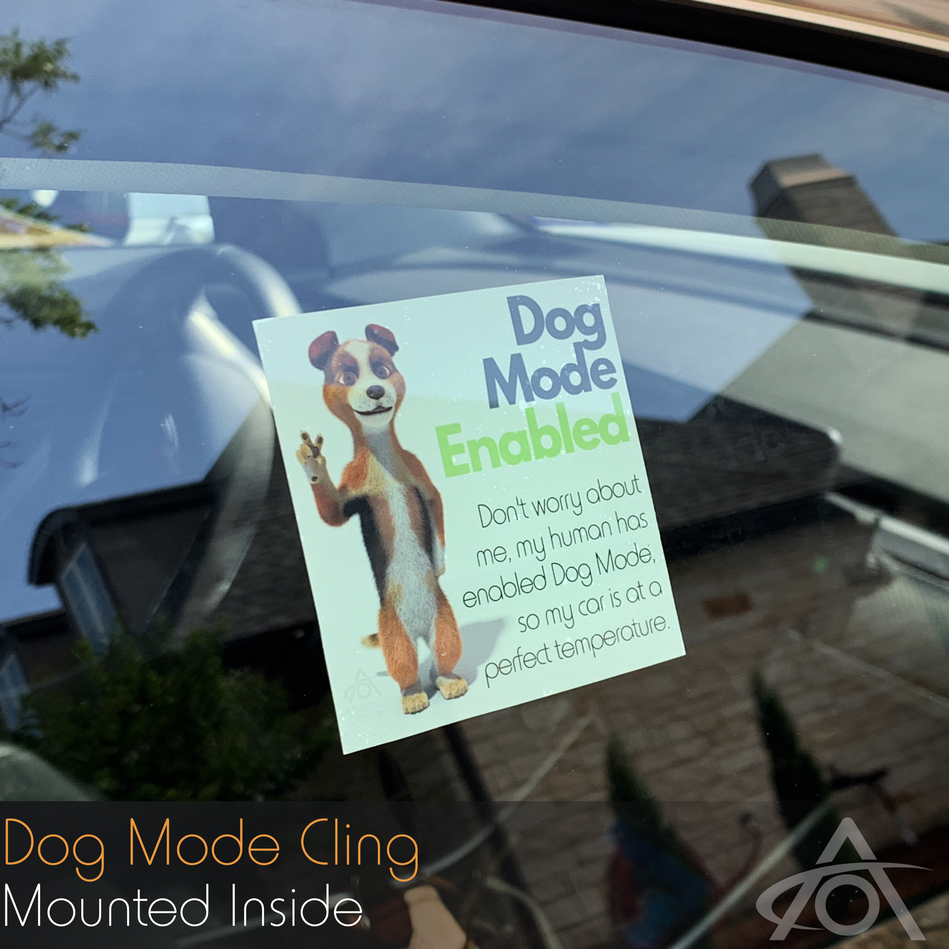 Dog Mode Cling for Tesla Vehicles Pet Model Cling shown on a Rivian (3" x 3" version shown) 