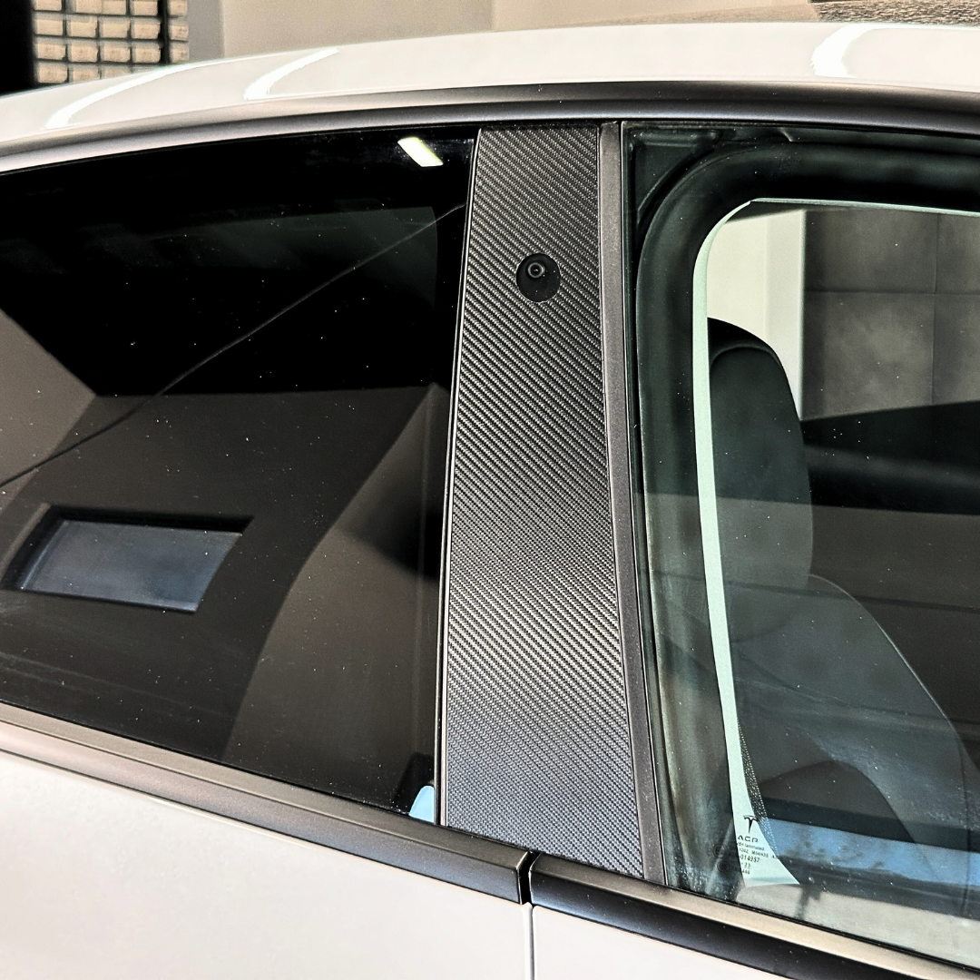 Black Carbon Fiber Vinyl Protection for the Tesla Model Y B-Pillars