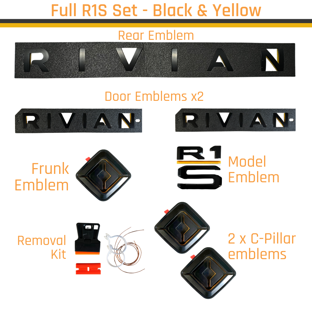 Complete R1S Satin Black & Yellow Emblem Set