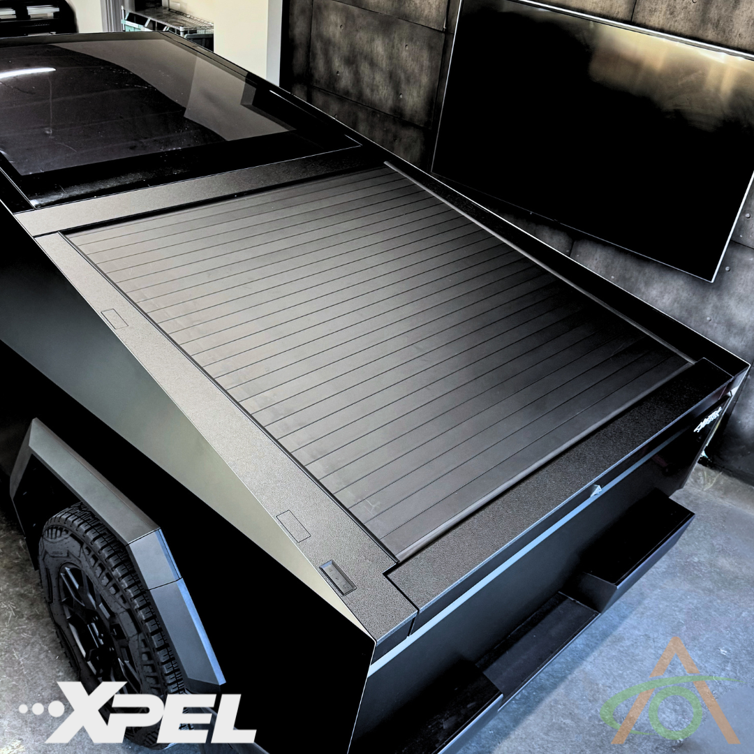 Overhead view showing the full four-piece XPel Armor Cybertruck Bed Trim Set